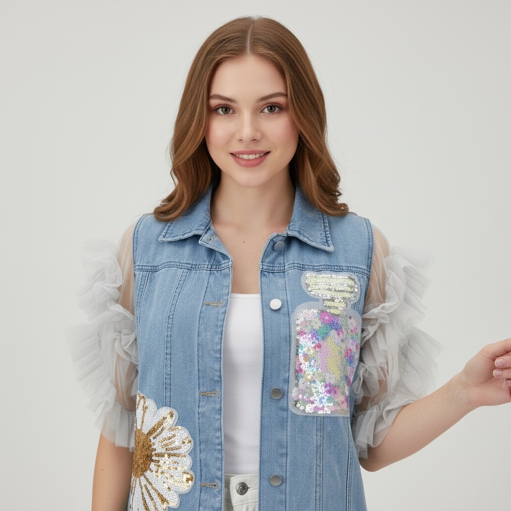 #A129  N By Nancy  Denim Vest  cottagecore  Ruffled Organza Sleeves  NWT  L - Picture 12 of 13